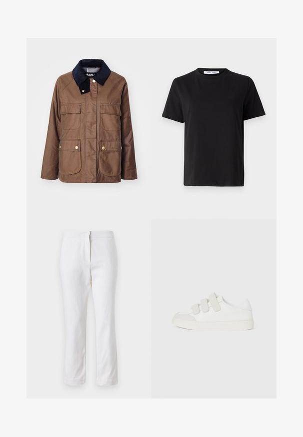 Jachetă din bumbac maro cu guler din catifea bleumarin, patru buzunare frontale, accesorii aurii și branding subtil pe buzunarul inferior.; Tricou negru cu manșon scurt, fabricat din bumbac moale, având un guler rotund, o croială lejeră și o textură netedă. Fără modele sau grafice vizibile.; Pantaloni din bumbac alb, cu un design drept, având talie medie și fără hardware sau modele vizibile. Textură uniformă pe întreaga suprafață.; Adidas de culoare albă cu un superior din piele netedă, trei benzi Velcro pe vârf, vârf rotunjit și o talpă robustă din cauciuc de culoare deschisă.