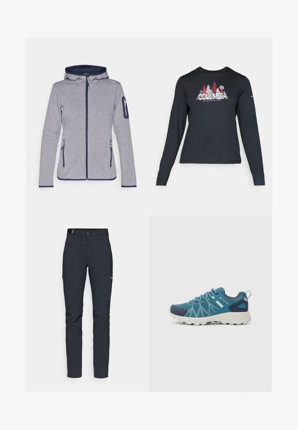 Siv fleec jakna s kapuco, mornarsko modri detajli, poln zadrgo, dva sprednja žepa in žep na rokavu z zadrgo. Teksturna tkanina.; Majica z dolgimi rokavi temno siva z grafiko rdečih dreves in gora; logotip "COLUMBIA" v krepki beli barvi. Mehka tkanina, standarden krojen ovratnik.; Moške zunanje hlače, temno siva, izdelane iz fleksibilnega materiala, z pasom, žepom na zadrgo in ojačanim šivanjem.; Columbia PEAKFREAK™ II OUTDRY™ - Pohodniški čevlji - blue heron/skylight