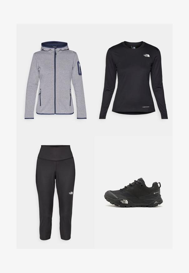 Siva flis jakna s kapuljačom, mornarskim akcentima, punim zatvaračem, dva prednja džepa i džepom sa zatvaračem na rukavu. Teksturirani materijal.; The North Face SHADOW LONG SLEEVE - Top dugih rukava - black; Crne capri tajice izrađene od rastezljivog materijala, s visokim strukom i malim bijelim logotipom s lijeve strane. Glatka tekstura.; Crne planinarske cipele s teksturiranim gornjim dijelom, zatvaranjem na vezivanje i debelim gumenim potplatom koji sadrži istaknuti logo na strani i uzorke na gaznom sloju.