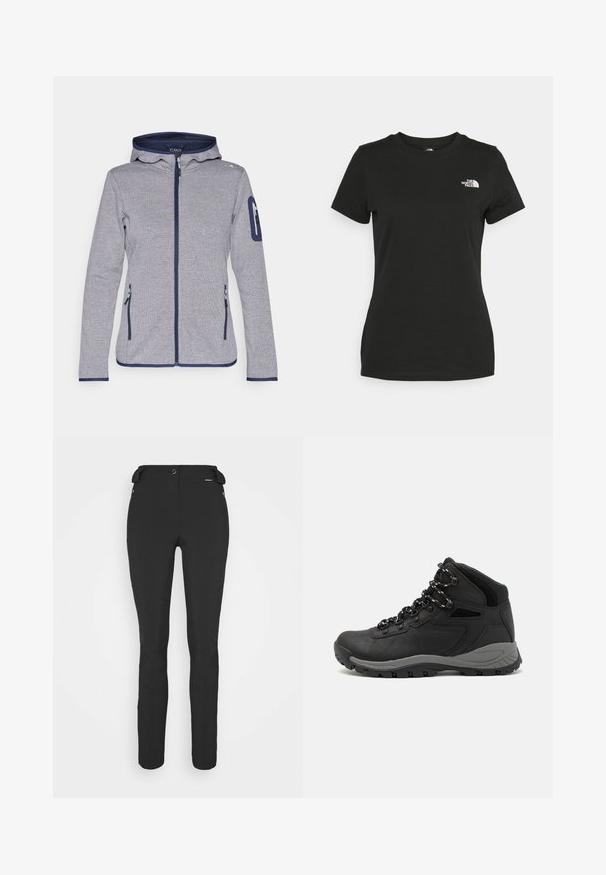 Hallide hallide dressipluus kapuutsiga, tumesiniste detailidega, täispikk tõmblukk, kaks eesmist taskut ja tõmblukuga käetasku. Tekstureeritud kangas.; Mustvalge puuvillane t-särk, millel on ümber kaeluse lõige ja lühikesed varrukad. Märkimisväärne valge logo vasakul ülal nurgas. Sile tekstuur, mugav lõige.; Mustad, hästi istuvad püksid, mis on valmistatud paindlikust materjalist. Omadusteks on lukuga küljetasku, artikeeritud põlved ja sile pind.; Mustarjaline matkasaabas, millel on keskmine disain, tekstuuriga ülemine osa, hallid aktsendid ja vastupidav kummist põhi, millel on haardelugesid.