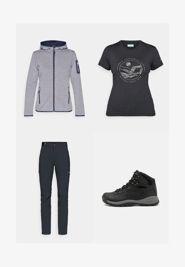 Gray fleece jacket with a hood, navy accents, full-length zipper, two front pockets, and a zippered sleeve pocket. Textured fabric.; Black Columbia t-shirt with white circular mountain and river line art and text "Columbia Sportswear Company Outside Since 1938."; Men's outdoor pants, dark gray, made from flexible material, featuring a belt, zippered pockets, and reinforced stitching.; Black hiking boot with a mid-top design, featuring a textured upper, gray accents, and durable rubber sole with traction lugs.