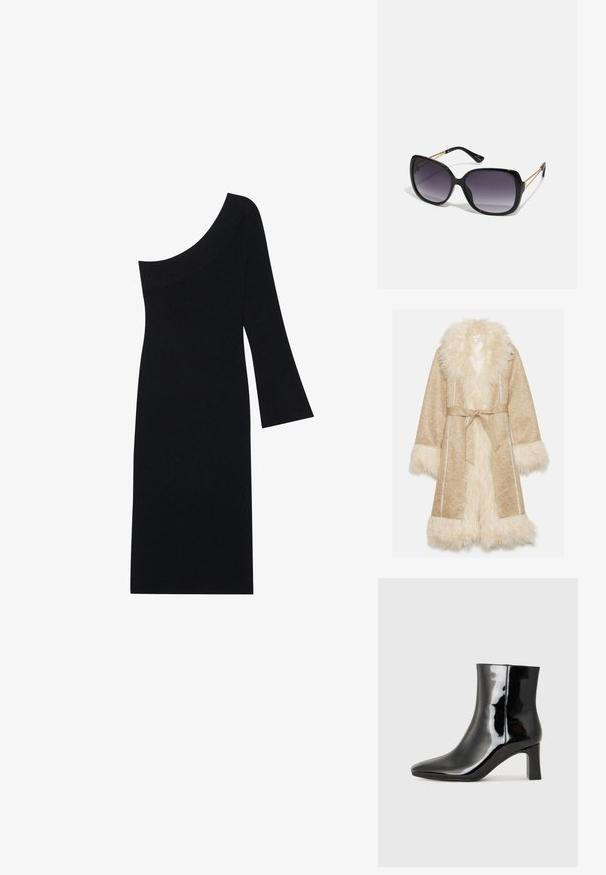 Bež kaput s pahuljastim bijelim krznenim ovratnikom i manžetama. Ima remen i teksturiranu tkaninu s suptilnim uzorkom.; Crna pletena haljina s rebrastim rezom koja ima asimetričnu izrezu i jedan zvonasti rukav, s prilagođenim siluetom do koljena.; Crne lakirane kožne gležnjače s šiljastim prstom i srednje visokom blok petom. Glatka tekstura i minimalistički dizajn.; Crne prevelike sunčane naočale s gradijentnim lećama, debelim okvirom i zlatnim lancem kao detaljem na krakovima.; Crna najlon torba za rame s zakrivljenim oblikom, srebrnim lančićem, odvojivom mini torbicom i podesivim remenom; sadrži logotip "Steve Madden".