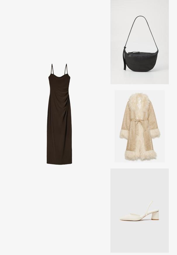 Beige kabát s nadýchaným bílým umělým kožešinovým límcem a manžetami. Obsahuje pásek a strukturovanou tkaninu s jemným vzorem.; Hnědé midi šaty bez rukávů s tenkými ramínky, které mají na přední straně nařasené detaily, vyrobené z hladké, splývavé tkaniny.; Bílé lodičky s podpatkem, špičatou špičkou a hladkým povrchem, na širokém podpatku. Má tenký pásek vzadu pro bezpečné uchycení.; Černá kožená brašna přes rameno s zaobleným tvarem, jedno ramenní popruhem, zipovým uzávěrem a jemným prošitím podél těla.