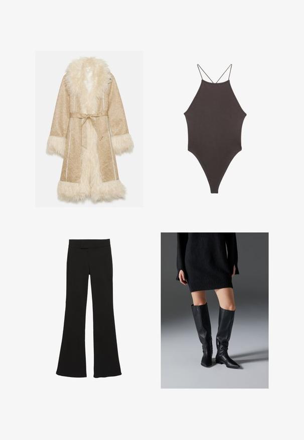 Beige kabát s nadýchaným bílým umělým kožešinovým límcem a manžetami. Obsahuje pásek a strukturovanou tkaninu s jemným vzorem.; Hnědé, jednodílné plavky s vysokým krkem a tenkými, nastavitelnými ramínky; mají vysoký střih nohavic a hladkou texturu. Žádné vzory ani ozdoby.; Černé rozšířené kalhoty z hladké látky, s pasem ve střední výšce a bočními kapsami, s čistým, skříženým střihem.; Černé kožené kozačky nad колeno s špičatými špičkami, plochými podrážkami a bočními zipy. Hladká textura, elegantní design bez ozdob.