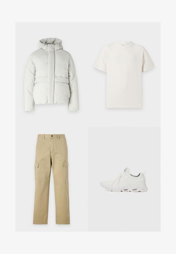 Lys grå polstret jakke med hette, med høyt krage, frontlås og horisontale sømdetaljer ved brystet og kanten.; Hvit T-skjorte med kort erm i ribbestrikket tekstur. Rund hals, avslappet passform, ingen synlige mønstre eller detaljer. Enkelt og allsidig design.; Beige cargo bukser laget av bomull, med to sidelommer, knappelukking, og rette ben med et lett strukturert stoff.; Hvite atletiske sko med et teksturert strikket overdel, flate snører og en polstret såle med synlige luftkamre for ekstra støtte.