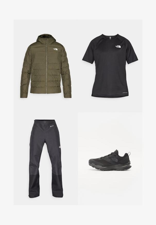 Olivno zelena izolirana jakna s kapuco, podložena zasnova, sprednji zadrga in bel logo na levem prsnem delu. Gladka tekstura.; Črna kratko rokavna športna majica iz teksturirane tkanine, z belim logotipom na levem prsnem delu in ravnim robom.; Črne vodoodporne hlače z gladko teksturo, z logotipom GORE-TEX spredaj in okrepjenimi spodnjimi nogami za povečano vzdržljivost.; Črne športne čevlje z mrežastim zgornjim delom, gumijastim podplatom in oblazinjenim ovratnikom. Imajo vezalke, logo na strani in strukturiran dizajn.