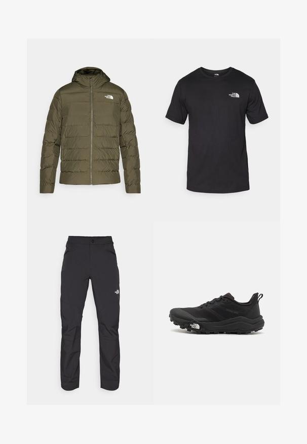 Olivno zelena izolirana jakna s kapuco, podložena zasnova, sprednji zadrga in bel logo na levem prsnem delu. Gladka tekstura.; Črna kratko sleeved majica iz bombaža, s krožnim izrezom in majhnim belim logotipom na zgornjem levem delu prsnega koša.; Črne zunanje hlače z zadrgo na sprednjem žepu, sintetični material, ožje noge in ojačani paneli na kolenih. Imajo gumbasto zapiranje.; Črne tekaške čevlje za trail s teksturirano zgornjega dela, gumijastim podplatom in ojačanim zaključkom prstov. Vključuje oblazinjen ovratnik in zanko za enostavno obuvanje.