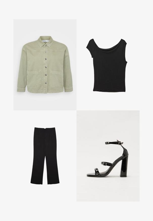 Grüne Jeansjacke mit spitzem Kragen, silberner Knopfverschlus, zwei Fronttaschen und lässigem Schnitt. Texturiertes, informelles Design.; Schwarzes Kurzarmoberteil aus glattem Stoff; hat einen drapierten Ausschnitt und einen asymmetrischen Saum, mit einem figurbetonten Körper.; Schwarze Hose mit geradem Schnitt, ausgestattet mit Fronttaschen und Seitenschlitzen am Saum. Hergestellt aus weichem, glattem Stoff. Geeignet für verschiedene Anlässe.; Schwarze patentierte Sandalen mit Absatz, quadratischer Spitze, Knöchelriemen und silbernen Schnallen. Mit einem stabilen Blockabsatz für mehr Stabilität.