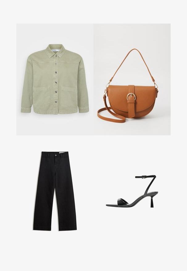 Zelená džínová bunda s špičatým límcem, uzavírání na stříbrné knoflíky, dvě přední kapsy a volný střih. Texturovaný, neformální design.; Světle šedé tričko s krátkým rukávem vyrobené z měkké látky. Má kulatý výstřih a jednoduché, čisté linie bez vzorů či ozdob.; Černé denimové kalhoty s volným střihem a vysokým pasem, vybavené předními a zadními kapsami, prošívanými švy a knoflíkovým zapínáním. Hladká textura.; Bershka Sandály na vysokém podpatku - black; Hnědá kožená křížová taška s zakřiveným tvarem, zlatými detaily a akcentem s přezkou. Obsahuje odnímatelný popruh na rameno.