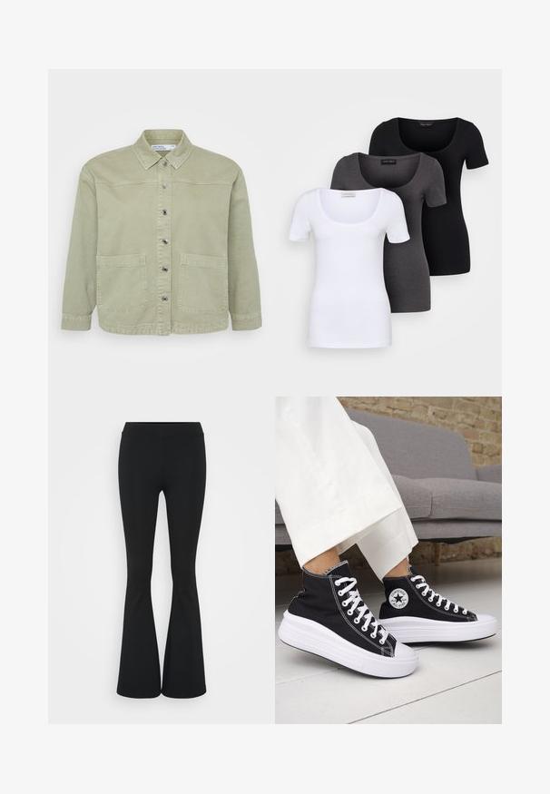 Jachetă din denim verde cu guler ascuțit, închidere cu butoane argintii, două buzunare frontale și o croială lejeră. Design texturat, casual.; Trei tricouri ajustate, în alb, gri și negru. Fiecare are un decolteu larg în formă de cerc și mâneci scurte. Fabricate dintr-un material neted și elastic.; Pantaloni negrii evazați dintr-un material elastic, având un talie înaltă și o textură netedă. Pantalonii se lărgesc de la genunchi.; Adidași negri înalți cu tălpi și șireturi albe din cauciuc. Prezintă o pată logo rotundă și cusături albe contrastante. Material din pânză.