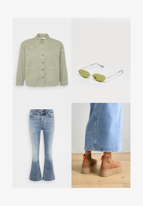Veste en denim verte avec un col pointu, fermeture à boutons argentés, deux poches avant et une coupe décontractée. Design texturé et décontracté.; Even&Odd Petite 3 PACK - T-shirt à manches longues - black/white/light green; Jean flare bleu clair en denim, avec un design classique à cinq poches, fermeture éclair à l'avant et un léger délavage le long des cuisses.; Bottes en suède brun à plateforme avec des panneaux latéraux élastiques et des languettes orange, associées à une jupe en denim clair arrivant au genou sur un sol en bois.; Lunettes de soleil vert olive avec une fine monture dorée et des branches accentuées de bleu. Verres ovales et design minimaliste.; Boucles d'oreilles en or avec une finition lisse et brillante. Design circulaire présentant un petit clou et une attache transparente pour un port sécurisé.