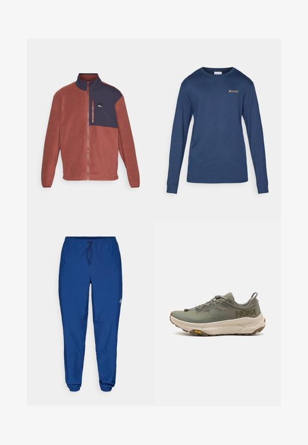 Chaqueta de forro polar en un diseño a bloques de color óxido y azul marino con cuello alto, cierre de cremallera y pequeño logotipo en el pecho. Textura suave, ajuste casual.; Camisa de manga larga azul marino hecha de una mezcla de algodón. Presenta un cuello redondo y un pequeño logo bordado en el pecho. Textura suave.; Pantalones jogger ligeros de color azul con cintura elástica, cordón y puños elásticos. Presenta bolsillos laterales y un logo cerca de la parte inferior de la pierna.; Zapatilla de running Hoka verde con parte superior de Gore-Tex, acentos texturizados, cordones elásticos y gruesa suela beige con el logo de Vibram.