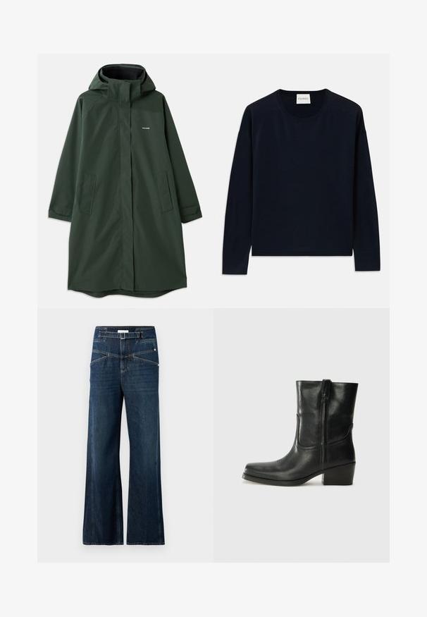 Mørkegrøn vandtæt frakke med hætte, der har en frontlynlås, sidelommer og en afslappet pasform. Glat tekstur, minimal branding.; Marineblå langærmet crewneck top i blødt, glat stof med en afslappet pasform. Har ribkantede ærmer og kant, samt et label ved nakken.; Bredde ben jeans lavet af mørkeblå denim, med høj talje, to frontlommer og kontrasterende syninger.; Sort læder ankelstøvle med rundt tå, blokhæl, lynlås i siden og stikninger på vampsiden. Glat tekstur, klassisk design.