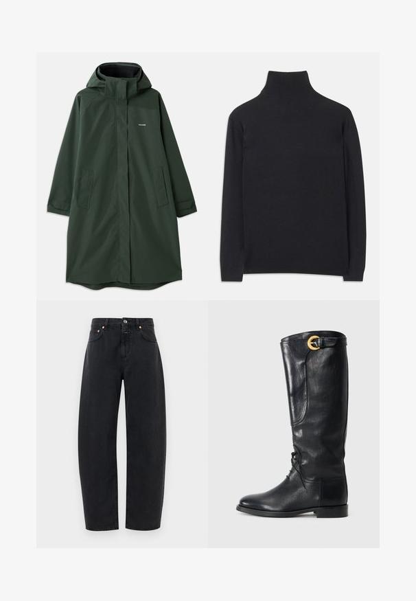 Tumši zaļš ūdensnecaurlaidīgs mētelis ar kapuci, ar priekšējo rāvējslēdzēju, sānu kabatām un brīvu piegriezumu. Gluda tekstūra, minimāla zīmola identifikācija.; Melns augstais kakls džemperis no mīksta auduma. Tam ir garas piedurknes, augsts kakls un ribotas aproces un apakšmala, lai radītu pieguļošu izskatu.; Melnas džinsi ar taisnu kāju dizainu, piecām kabatām un vara akcentiem. Audumam ir gluda tekstūra un klasiskā šuvuma piegriezums.; Melnas ādas ceļgala augstuma zābaki ar noapaļotu purngalu, lentu priekšpusi, sānu detaļu un zelta akcenta sprādzi augšpusē. Gluda tekstūra.