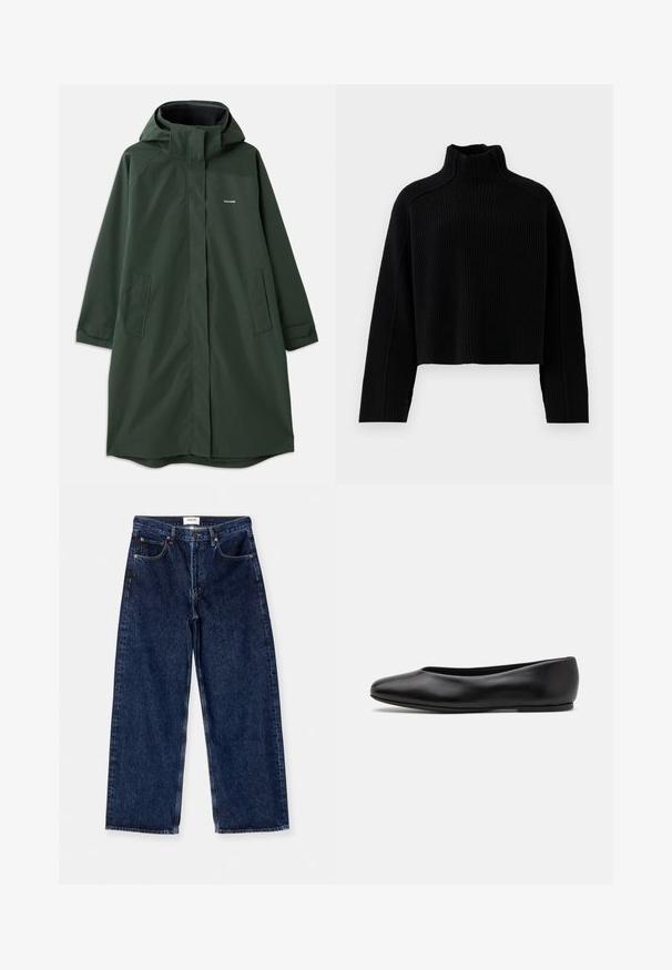 Dunkelgrüne wasserdichte Jacke mit Kapuze, ausgestattet mit einem Vorderreißverschluss, seitlichen Taschen und einem entspannten Schnitt. Glatte Textur, minimale Markenkennzeichnung.; Schwarzer, gerippter Strickpullover mit hohem Kragen und verkürztem Design, ausgestattet mit langen Ärmeln und einer strukturierten Oberfläche.; Dunkelblaue Jeans im weit geschnittenen Stil mit hoher Taille, Fronttaschen und einer glatten Textur mit dezenten Nähten.; Paul Smith TOPANGA - Klassischer Ballerina - black