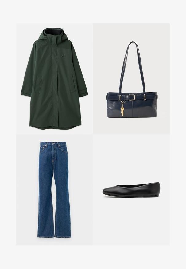 Donkergroen waterdichte jas met een capuchon, voorzien van een rits aan de voorkant, zijzakken en een relaxte pasvorm. Zachte textuur, minimale branding.; Gestreept overhemd met een witte basis, voorzien van smalle, veelkleurige lijnen in blauw, oranje en groen. Lange mouwen en een klassieke kraag.; Blauwe denim flared jeans met een hoge taille, voorzien van vijf zakken, een zilveren knoopsluiting en zichtbare stiksels.; Paul Smith TOPANGA - Ballerina's - black; Marine leren handtas met twee lange hengsels, een gespdetail en een sleutelhanger eraan bevestigd. Heeft een gladde textuur en een rechthoekige vorm.