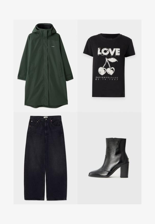 Tmavě zelený voděodolný kabát s kapucí, s předním zipem, bočními kapsami a volným střihem. Hladká textura, minimální značení.; Černé bavlněné tričko s bílým grafickým potiskem slova "LOVE" a dvou třešní ve tvaru srdce, spolu s textem značky a datem.; Široké černé džíny z denimu s měděnými knoflíky, dvěma předními kapsami a hladkou texturou. Čistý design s rovný střih.; Černé kožené kotníkové boty s hladkou texturou, špičatou špičkou a robustním vysokým podpatkem. Mají boční otvor a minimalistický design.
