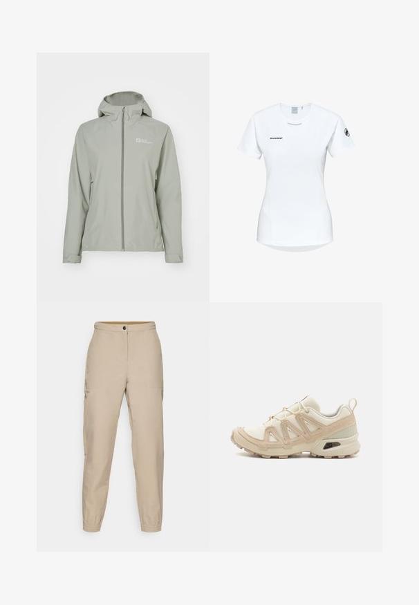 Lichtgrijze waterdichte jas met capuchon, volledige rits aan de voorkant en verstelbare manchetten. Bevat een logo op de bovenste linkerkant. Soepele textuur.; Korte mouwen witte sportshirt met een ronde halslijn, voorzien van een logo op de borst en een gladde, lichte stoftextuur.; Beige taps gevormde broeken met een platte voorkant, zijzakken, elastische manchetten en een knoopsluiting. Gemaakt van soepel stof met een subtiele glans.; Beige en crème sportschoen met een textuur-mesh bovenwerk, ondersteunende overlays en een rubberen zool met een profielpatroon voor grip.