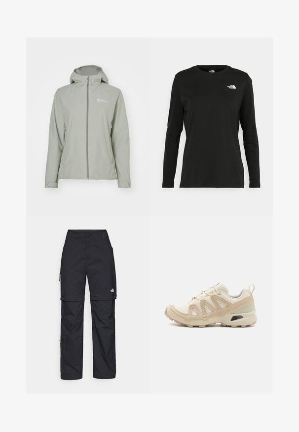 Veste imperméable gris clair avec capuche, fermeture éclair sur le devant et poignets ajustables. Présence d'un logo sur le côté supérieur gauche. Texture lisse.; T-shirt noir à manches longues en coton avec un col rond. Présente un petit logo blanc sur la partie gauche de la poitrine. Design et coupe simples.; Pantalons cargo en nylon noir, à zip amovible, avec chevilles ajustables, plusieurs poches et un logo sur la jambe droite. Texture lisse et légère.; Baskets de sport beiges et crème avec une tige en mesh texturé, des superpositions de soutien et une semelle en caoutchouc dotée d'un motif de crampons pour une traction.