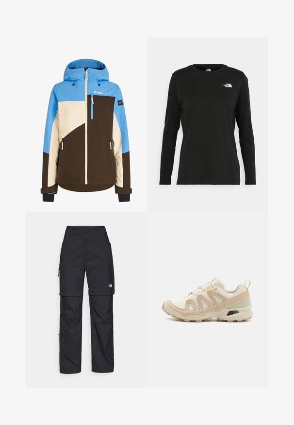 Giacca da sci con un design a blocchi di colore blu, beige e marrone. Caratterizzata da un cappuccio, zip frontale e tasche laterali con zip. Realizzata in tessuto resistente.; T-shirt nera a maniche lunghe in cotone con colletto rotondo. Presenta un piccolo logo bianco sul lato sinistro del petto. Design semplice e vestibilità comoda.; Pantaloni cargo in nylon nero con zip rimovibile, polsini regolabili, molteplici tasche e un logo sulla gamba destra. Tessuto liscio e leggero.; Scarpa atletica beige e crema con tomaia in mesh testurizzato, sovrapposizioni supportive e suola in gomma con un motivo a tasselli per la trazione.