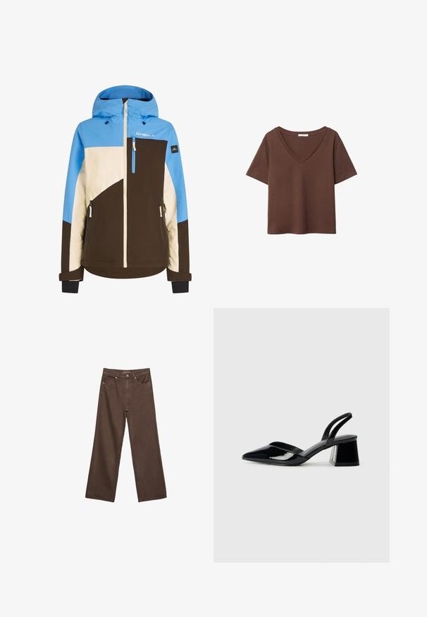 Veste de ski avec un design en blocs de couleurs bleu, beige et marron. Dotée d'une capuche, d'une fermeture à glissière sur le devant et de poches à glissière sur les côtés. Fabriquée en tissu durable.; T-shirt en coton brun avec des manches courtes et un décolleté en V profond. Design simple, texture douce et ourlet droit. Pas de motifs ni d'accents.; Jean brown à jambes larges en denim, doté d'une taille haute, de poches avant et d'une fermeture à bouton classique. Texture lisse avec des coutures subtiles.; Escarpins en cuir verni noir avec bout pointu et talon bloc géométrique. Présente un design élégant et minimaliste ainsi qu'une texture lisse.