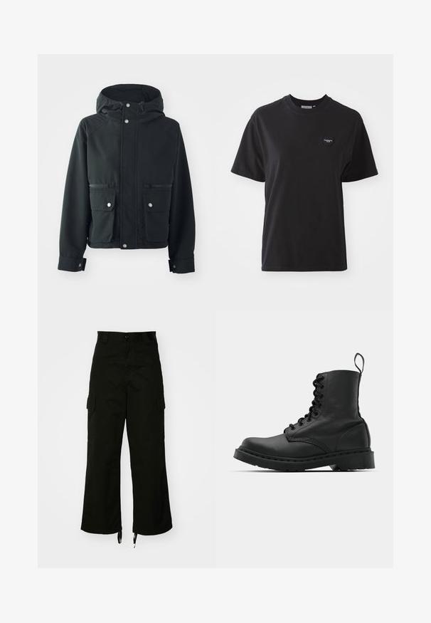 Black hooded jacket with a smooth texture, featuring two front pockets, snap buttons, and adjustable drawcord at the hood.; Black cotton t-shirt with a round neck, short sleeves, and a small heart-shaped logo in the upper left. Smooth texture, relaxed fit.; Black cargo pants made from cotton, featuring wide legs, side pockets, and drawstring hems. The design includes a button closure at the waist.; Black leather combat boot with a round toe, lace-up front, and a pull tab at the ankle. Features a thick rubber sole for durability.