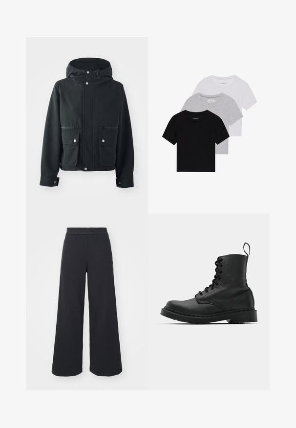 Zwarte capuchonjack met een gladde textuur, voorzien van twee voorkruiszakken, drukknoopsluiting en verstelbare trekkoord in de capuchon.; Set van drie korte mouwen t-shirts in zwart, grijs en wit. Gemaakt van katoen, met een ronde hals en een eenvoudig, effen kleurontwerp.; Zwarte wijde sweatpants gemaakt van zachte stof, met een elastische tailleband en een klein logo aan de linkerkant.; Zwarte leren gevechtslaars met een ronde neus, vetersluiting aan de voorkant en een lusje bij de enkel. Kenmerkt zich door een dikke rubberen zool voor duurzaamheid.