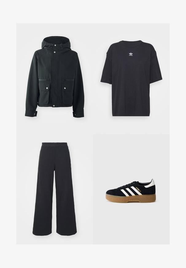 Black hooded jacket with a smooth texture, featuring two front pockets, snap buttons, and adjustable drawcord at the hood.; Black cotton t-shirt with short sleeves, round neckline, features a white Adidas logo on the chest. Simple design, relaxed fit.; Black wide-leg sweatpants made from soft fabric, featuring an elastic waistband and a small logo on the left side.; Black suede sneaker with white three stripes and gold branding. Gum sole with textured grip. Classic low-top design, rounded toe.
