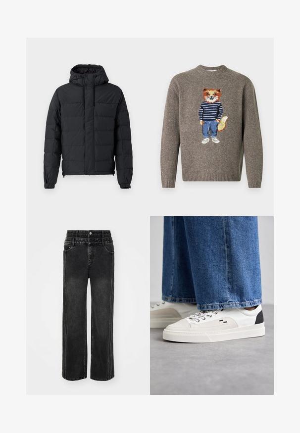 Črna podložena jakna z kapuco, elastičnimi manšetami, žepi z zadrgo in prešito zasnovo z gladko zunanjo teksturo.; Rjav pleten pulover z vezenim lisico, ki nosi črtast pulover, modre kavbojke in bele čevlje spredaj.; Široke črne jeans hlače z zbledelim zaključkom, z gumbom za zapiranje, petimi žepi in kontrastnim šivanjem ob straneh.; Bela in črna športna obuvala z gladkim usnjenim zgornjim delom, teksturiranimi detajli in masivnim belim podplatom. Imajo klasičen dizajn z vezalkami.