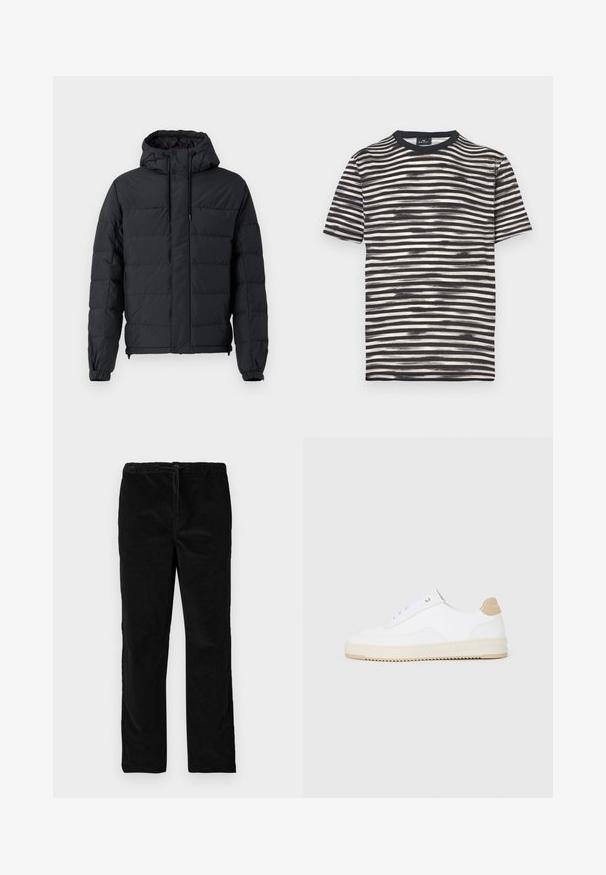 Čierna prešívaná bunda so zatiahnutej kapucňou, elastickými manžetami, zipsovými vreckami a hladkým vonkajším povrchom.; Čierno-biele pruhované tričko s okrúhlym výstrihom, krátkymi rukávmi a mäkkou textúrou. Má striedajúce sa hrubé a tenké pruhy.; Čierne saténové nohavice s rovnými nohavicami, elastickým pásom a predným šnúrkovým zapínaním, vystavené na bielom pozadí.; Biele nízke tenisky s textúrovaným koženým zvrškom, krémovou drážkovanou podrážkou a akcentom v hnedej farbe na podpätku. Majú biele šnúrky a detail loga na päte.