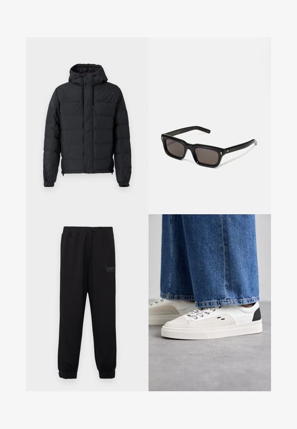 Chaqueta negra acolchada con capucha, puños elásticos, bolsillos con cremallera y un diseño acolchado con una textura exterior suave.; Icecream JUMBO RUNNING DOG - Camiseta estampada - black; Pantalones de chándal negros con cintura elástica y tobillos ajustados, que cuentan con bolsillos laterales y un parche de logo texturizado en la parte superior de la pierna izquierda.; Zapatillas blancas y negras con una parte superior de cuero suave, acentos texturizados y una suela blanca gruesa. Presenta un diseño clásico de cordones.; Gafas de sol rectangulares negras con lentes oscuros, marco de plástico grueso, acentos dorados en las patillas y logotipo de la marca grabado en el brazo.