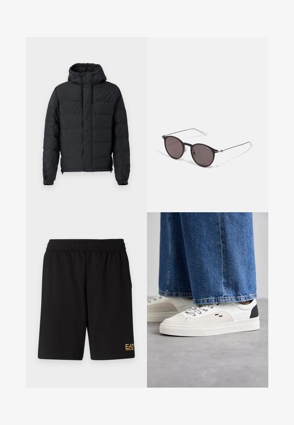 Black padded jacket featuring a hood, elastic cuffs, zippered pockets, and a quilted design with a smooth outer texture.; Black cotton T-shirt featuring a round neckline, short sleeves, and "EMPORIO ARMANI" logo in white above "Milano" in a curved design.; Black athletic shorts made of soft fabric,Featuring an elastic waistband and a small yellow EA7 logo on the lower left leg.; White and black sneakers with a smooth leather upper, textured accents, and a chunky white sole. Features a classic lace-up design.; Black round sunglasses with dark lenses and slim metal arms. Includes clear temple tips and silver accents at the hinge. Minimalist design.
