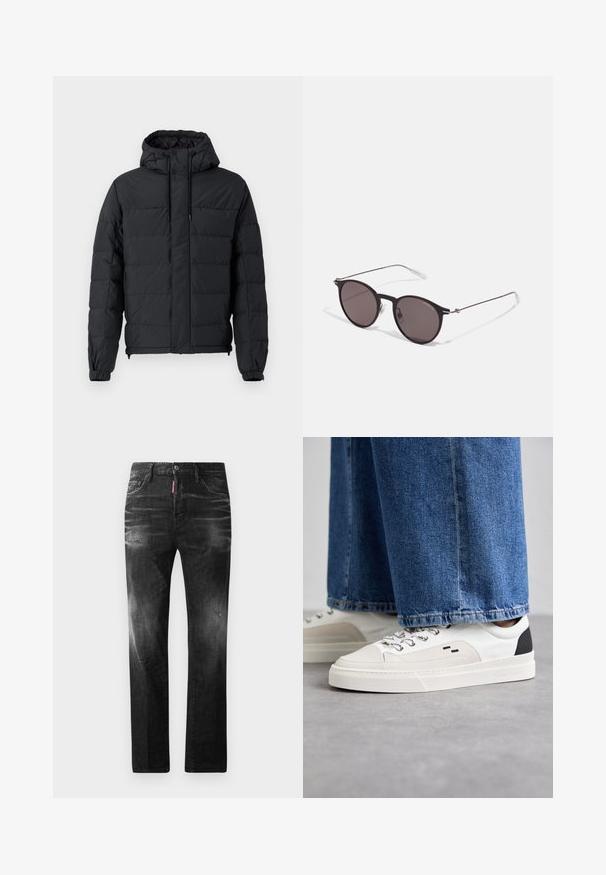 Must välja must paksus jope, mis sisaldab kapuutsi, elastseid mansette, lukuga taskuid ja tikandiga disaini, millel on sile välimine tekstuur.; Must must T-särk, millel on ümmargune kaelus, lühikesed варст и väljend "EMPORIO ARMANI" valgete tähtedega, mille all on kõveras kujunduses sõna "Milano".; Mustad denim püksid otse lõikega. Omavad kulunud piirkondi, väikseid kahjustusi, klassikalist viit taskut ning nööpkinnitust.; Valged ja mustad spordijalatsid sileda nahkpealise, tekstuursete aktsentidega ja paksu valge tallaga. Omab klassikalist nööbistamise disaini.; Mustad mustad prillid tumedate läätsedega ja õhukeste metallist käepidemetega. Kaarja kujuga seljaosa ja hõbedased aktsendid hingel. Minimalistlik disain.