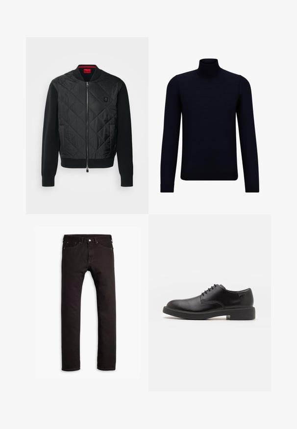 HUGO SYBOR - Bombera - black; Tmavomodrý rolák vyrobený z jemne pletenej látky, s dlhými rukávmi a priliehavým, vysokým výstrihom. Bez viditeľných vzorov alebo akcentov.; Čierne slim-fit džínsy s piatimi vreckami a zapínaním na gombík, vystavené na bielom pozadí.; Čierne kožené šnurovacie topánky s okrúhlou špičkou, hladkým povrchom, minimálnym prešívaním a nízkym gumovým podpätkom. Logo na podpätku.