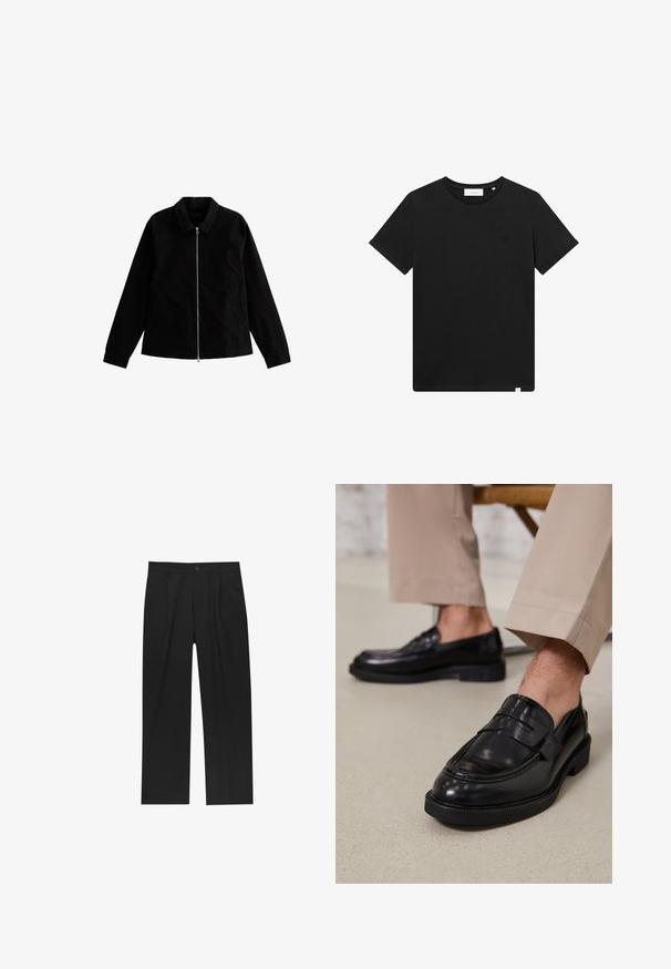 Zwarte jacket met ritssluiting, kraag, lange mouwen, enkele borstzak en rechte zoom. Gemaakt van duurzame stof.; Zwarte T-shirt met korte mouwen van katoen, met een ronde hals en een klein logo geborduurd op de borst. Soepele textuur, normale pasvorm.; Zwarte broeken met een recht model, gemaakt van een gladde stof. Voorzien van een voorplooien en een enkele knoopsluiting bij de taille.; Zwarte leren loafers met een gladde afwerking, voorzien van een decoratieve band en contrasterende stiksels, gecombineerd met beige broeken.