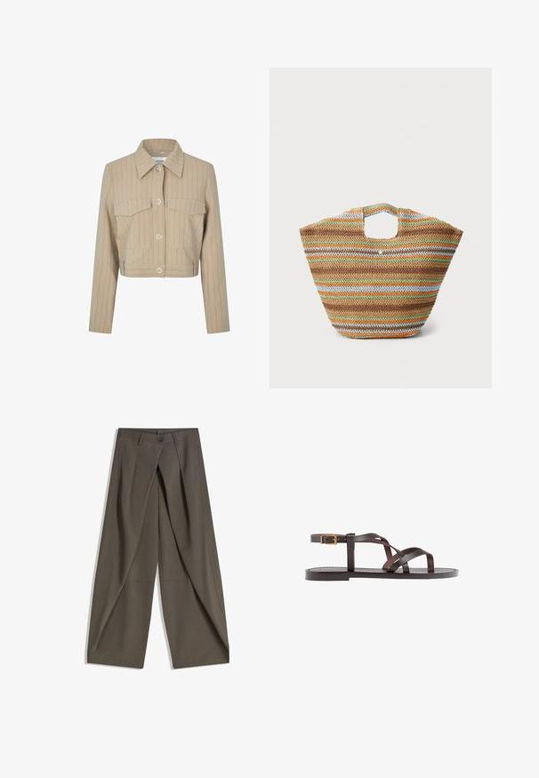 Skraćeni bež sako s vertikalnim prugama, dva džepa na prsima, oštrim kragnom i srebrnim dugmadi na prednjem dijelu.; Smeđi kratki rukav majica od mekog materijala, s okruglim izrezom i opuštenim krojem. Nema vidljivih uzoraka ili naglasaka.; Hlače širokog kroja izrađene od teksturirane tamnosive tkanine. Imaju prednji plis, kopčanje na gumb i bočne džepove za praktičnost.; Smeđe kožne sandale s iskrižanim trakama, umetkom za zapešće s kopčanjem i ravnim potplatom s minimalnim detaljima šivanja.; TKW u obliku torbe od tkanih slame s više boja pruga u smeđoj, zelenoj, narančastoj i plavoj boji. Ima ravni oblik i dvije ručke. Lagani dizajn.