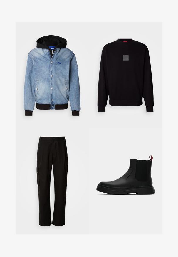Helehelesinine teksajakk musta kapuutsi ja kattega, trukkidega sulgemine, küljetaskud, soonikkoes mansetid ja väike sinine brändi logo rinnal.; Mustra musta dressipluus pikade varrukatega, ümar kaelus, ees hall ruudukujuline logo, pehme tekstuur ning soonikkoes varrukate ja allääre juures.; Mustad mustadeks rõivasteks mõeldud puuvillased püksid, millel on lõdva istuvuse disain, küljetaskud, nööbiga sulgemine ja sirged sääred. Lihtne disain ilma mustriteta.; Mustad musta värvi ankle boot, millel on sile viimistlus, elastsed külgpaneelid ja kontrastne punane tõmbetaba. Saapadel on paks kummist tald ja ümar varvas.