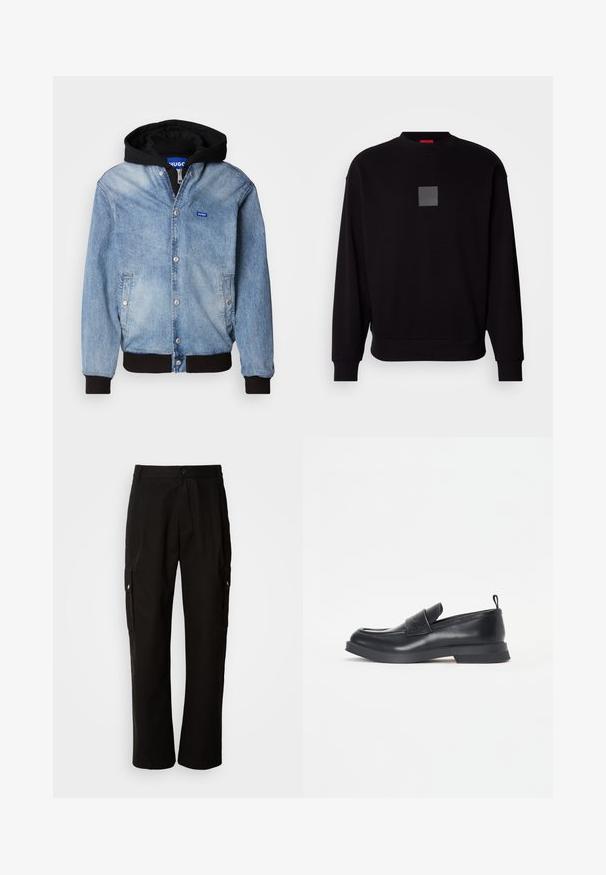 Vaaleansininen farkkutakki, jossa on musta huppu, nepparikiinnitys, sivutaskut, ribbauskankaiset hihat ja rintakehässä pieni sininen brändilogo.; Musta collegepaita pitkilla hihoilla, pyöreällä kaula-aukolla, edessä harmaa neliölogo, pehmeä rakenne sekä ribbaus hihansuissa ja helmassa.; Mustat cargo-housut puuvillasta, joissa on rento istuvuus, sivutaskut, nappikiinnitys ja suorat lahkeet. Yksinkertainen muotoilu ilman kuvioita.; Mustat nahkaisten loafereiden, joissa on pyöreä kärki, etu hihnalausunto ja matala kumipohja. Ominaisuuksiin kuuluu hillitty ommel ja takapuolella vetokahva.