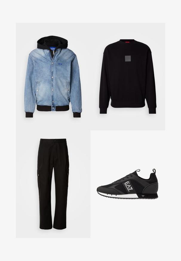 Svetlomodrá riflová bunda s čiernou kapucňou, patentným zapínaním, bočnými vreckami, rebrovanými manžetami a malým modrým logom značky na hrudi.; Čierna mikina s dlhými rukávmi, okrúhlym výstrihom, predným sivým logom v tvare štvorca, mäkkou textúrou a rebrovanými manžetami a lemom.; Čierne cargo nohavice vyrobené z bavlny s voľným strihom, majú bočné vrecká, zapínanie na gombík a rovné nohavice. Jednoduchý dizajn bez vzorov.; EA7 Emporio Armani Tenisky - black/white