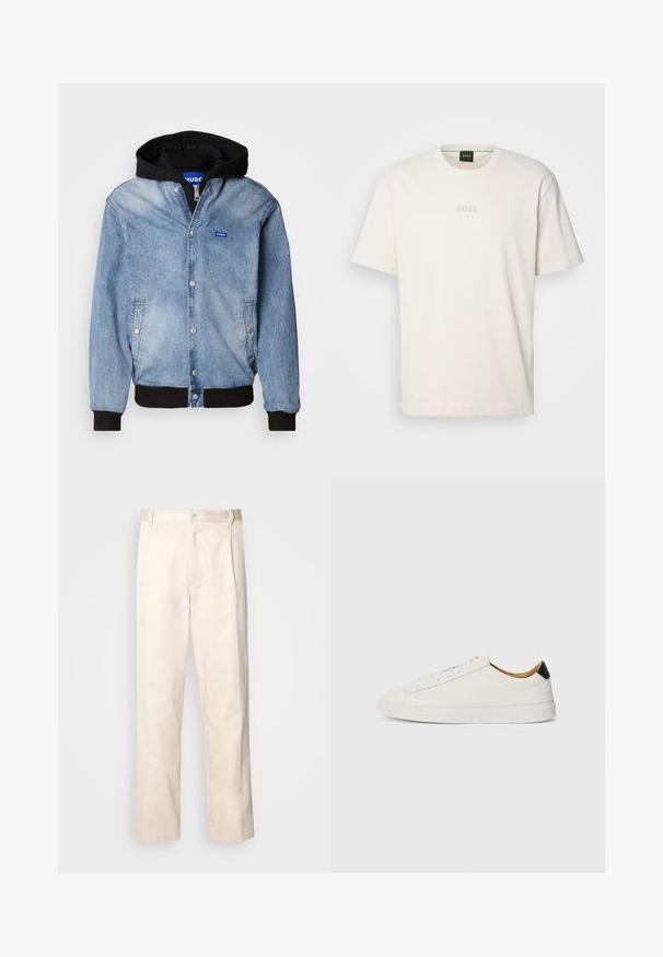 Svetlomodrá riflová bunda s čiernou kapucňou, patentným zapínaním, bočnými vreckami, rebrovanými manžetami a malým modrým logom značky na hrudi.; BOSS TEE - Základné tričko - open white; Béžové bavlnené nohavice so strihom rovného nohu, s gombíkovým zapínaním a záhybmi vpredu pre pridanie detailu.; Biele tenisky s hladkým koženým zvrškom, okrúhlou špičkou a plochou podrážkou. Čierny detail na päte, s tonálnym viazaním a minimálnym brandingom.