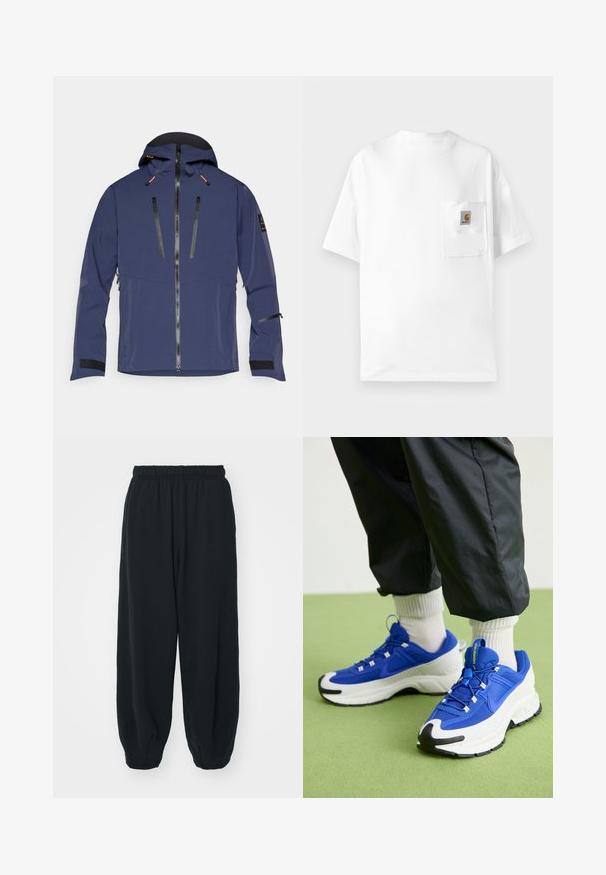 Tengerészkék kabát kapucnival, elülső cipzárral, két cipzáras mellzsebbel és tépőzáras mandzsettával. Sima, időjárásálló anyagból készült.; Fehér pamut póló kerek nyakkal, rövid ujjakkal és egy mellzsebbel, amelyen logó felvarrás található. Minimál stílusú dizájn és sima textúra.; Fekete, rugalmas derékpántos melegítőnadrág, laza fit, véget érő szárakkal, sima textúrával, látható minták vagy hardver díszek nélkül.; Kék és fehér sportcipők, texturált anyagból, kiemelkedő gumitalppal és fekete részletekkel. Felszerelt fűzőkkel és párnázott kialakítással rendelkezik.
