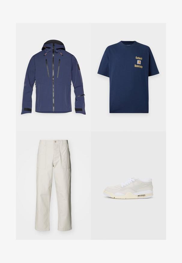 Giacca blu navy con cappuccio, cerniera frontale, due tasche sul petto con cerniera e polsini con chiusura in velcro. Realizzata in materiale liscio e resistente alle intemperie.; T-shirt in cotone blu navy con maniche corte, caratterizzato da testo dorato "Carhartt University" e un patch del logo sul lato sinistro del petto.; Pantaloni a gamba larga beige chiaro in cotone. Presentano tasche frontali e chiusura con bottone. Tessuto liscio con sottili linee verticali.; Sneaker con una toma superiore sintetica beige chiaro, lacci bianchi e ammortizzazione visibile. Presenta una suola liscia e accenti laterali discreti.