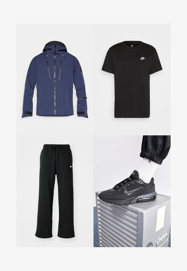 Marineblauw jack met capuchon, ritssluiting aan de voorkant, twee borstzakken met rits en klittenbandsluitingen bij de manchetten. Gemaakt van een glad, weerbestendig materiaal.; Zwart katoen T-shirt met korte mouwen, ronde hals en een klein wit Nike-logo op de bovenste linkerborst. Gladde textuur. Klassieke pasvorm.; Zwarte sweatpants van zachte stof, met een elastische tailleband met verstelbaar trekkoord en een klein logoaccent aan de zijkant.; Nike Sportswear PULSE - Sneakers laag - black/anthracite