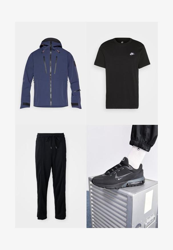 Granatowa kurtka z kapturem, przednim zamkiem błyskawicznym, dwoma zapinanymi na zamek kieszeniami na piersi oraz rzepami na mankietach. Wykonana z gładkiego, odpornego na warunki atmosferyczne materiału.; Czarna bawełniana koszulka z krótkim rękawem, okrągłym dekoltem i małym białym logo Nike na górnej lewej stronie klatki piersiowej. Gładka faktura. Klasyczny krój.; Czarne spodnie casualowe z gumką w pasie, z kieszeniami wszytymi po bokach i prostym krojem na jednolitym tle.; Nike Sportswear PULSE czarny