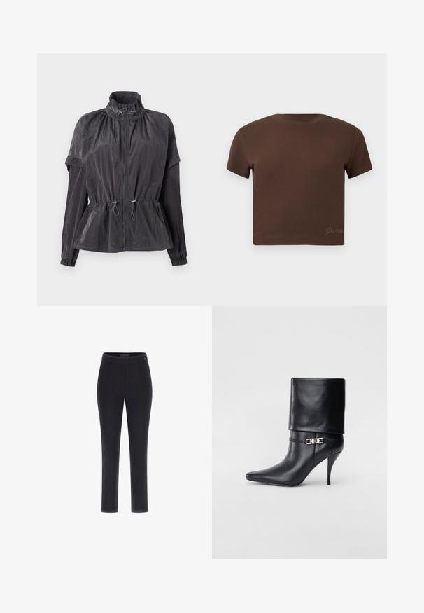 Könnyű, fekete szélvédő dzseki, fitted elasztikus derékkal, magas gallérral, cipzáras záródással és ráncolt vállrészletekkel. Hosszú ujjak.; Barna, rövid fazonú póló, puha pamutból készült, rövid ujjal és kerek nyakkivágással. Diszkrét, arany színű "Guess" logó található az alján.; Fekete, testhezálló nadrág sima textúrával, egyenes szárú kialakítással és széles derékpánttal. A derékpánton kis logó található.; Fekete bőr bokacsizma hegyes orral, magas stiletto sarokkal, hajtott szegéllyel és arany díszcsattal a bokán.