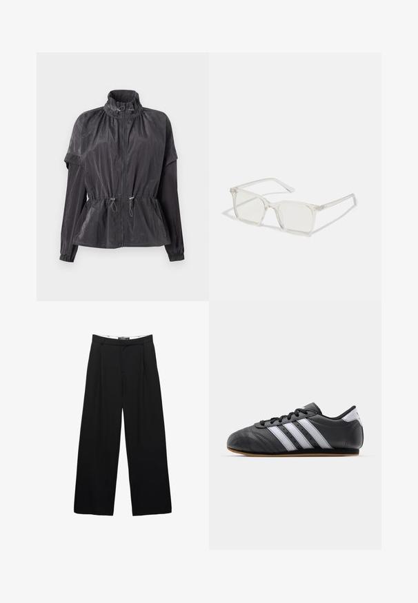 Kevyt musta tuulitakki, jossa on istuva elastinen vyötärö, korkea kaulus, vetoketjukiinnitys ja rypytettyjen olkapäiden yksityiskohdat. Pitkät hihat.; Valkoinen puuvillainen hihaton toppi leveillä olkaimilla, pyöreällä kaula-aukkolla ja sileällä, nauhamaista pintarakennetta. Ei kuvioita tai yksityiskohtia.; Valkoiset leveälahkeiset housut, jotka on valmistettu sileästä kankaasta. Sisältää etupleikkeet, vyötärön, jossa on vyölenkit, ja kauttaleikattu siluetti.; Musta nahkakenkä urheilumalli valkoisilla raidoilla, pyöreällä varvalla, tasapohjalla ja nauhakohdistuksella. Varustettu rei'ityksillä hengittävyyden parantamiseksi.; Selkeä muovinen neliönmuotoinen kehyslasit, joissa on läpinäkyvät linssit ja kultaset mäntäraudat lisäämään yksityiskohtia.