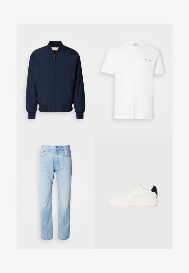Marineblau Bomberjacke aus glattem, leichtem Stoff mit Frontreißverschluss, gerippten Bündchen und Saum. Verfügt über seitliche Reißverschlusstaschen.; Weißes Baumwoll-T-Shirt mit kurzen Ärmeln und Rundhalsausschnitt. Mit einem kleinen schwarzen "Calvin Klein"-Logo auf der linken Brust.; Hellblaue Jeans aus Denim mit geradem Schnitt, die verblasste Abschnitte, ein Fünf-Taschen-Design und einen klassischen Knopfverschluss aufweisen.; Weiße Ledersneaker mit einem schwarzen Akzent an der Ferse, runden Zehen, flachen Schnürsenkeln und einer dicken weißen Sohle. Calvin Klein Logo angebracht.