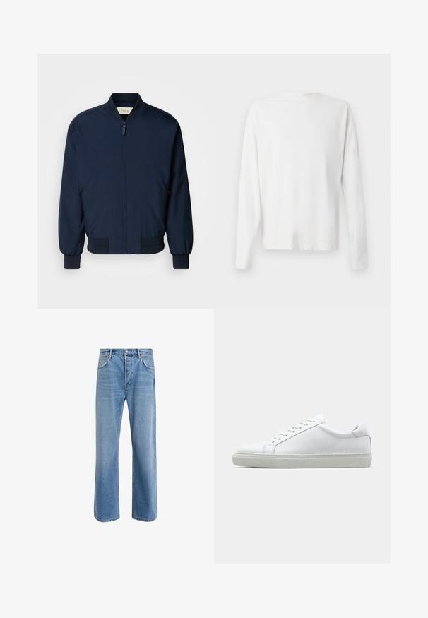 Μπλε ναυτικού bomber jacket κατασκευασμένο από λεία, ελαφριά ύφασμα με μπροστινό φερμουάρ, ριμπ μανσέτες και στρίφωμα. Διαθέτει πλαϊνές τσέπες με φερμουάρ.; Λευκό βαμβακερό πουκάμισο μακρυμάνικο με στρογγυλή λαιμόκοψη, πλαϊνές σχισμές στο κάτω μέρος και λεία υφή, εμφανιζόμενο από πίσω.; Ανοιχτό μπλε τζιν παντελόνι με ευθεία γραμμή, πέντε τσέπες, κλείσιμο με κουμπί, ελάχιστη φθορά και αντίθετες ραφές.; Λευκό αθλητικό παπούτσι με άνω μέρος από λείο δέρμα και χαμηλό προφίλ. Διαθέτει στρογγυλεμένη μύτη, έξι τρυπούλες και υφασμένη καουτσούκ σόλα.