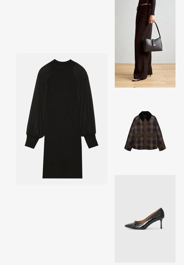 Bruine en geruite jas met een zwarte corduroy kraag, twee voorkzoekers en een knoopsluiting. Gemaakt van een gestructureerde stof.; Zwarte jurk van geribbelde stof met pofmouwen en een hoge halslijn. De silhouet is recht en valt tot de knie.; Zwarte gepatenteerde leren hoge hak met een spits toelopende neus, decoratieve banddetail aan de voorkant en een dunne stilettohak.; Zwarte handtas met gestructureerde vorm, gladde textuur en een metalen sluiting. Gecombineerd met brede zwarte broeken en sandalen met open teen op een houten vloer.