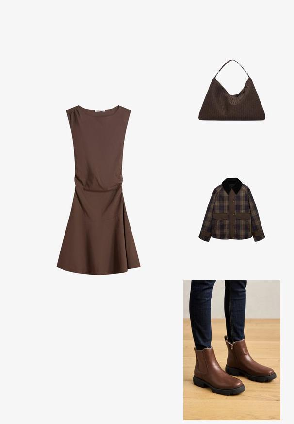 Brown and plaid jacket featuring a black corduroy collar, two front pockets, and a button closure. Made of a textured fabric.; Sleeveless brown knee-length dress with round neckline and slight side ruching, flared skirt on plain white background.; Brown leather ankle boots with a zip closure, textured surface, thick black rubber sole, and soft fur lining at the ankle.; Brown woven leather handbag with a slouchy, triangular shape. Features a braided handle and a zipper closure along the top.